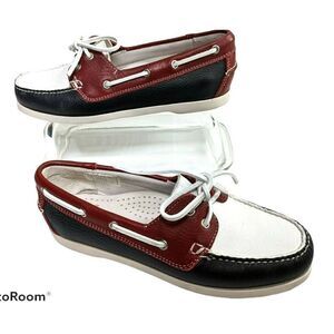 Brooks Brothers Womens Red White Blue Leather Boat Deck Shoes Loafers 7.5‎ US